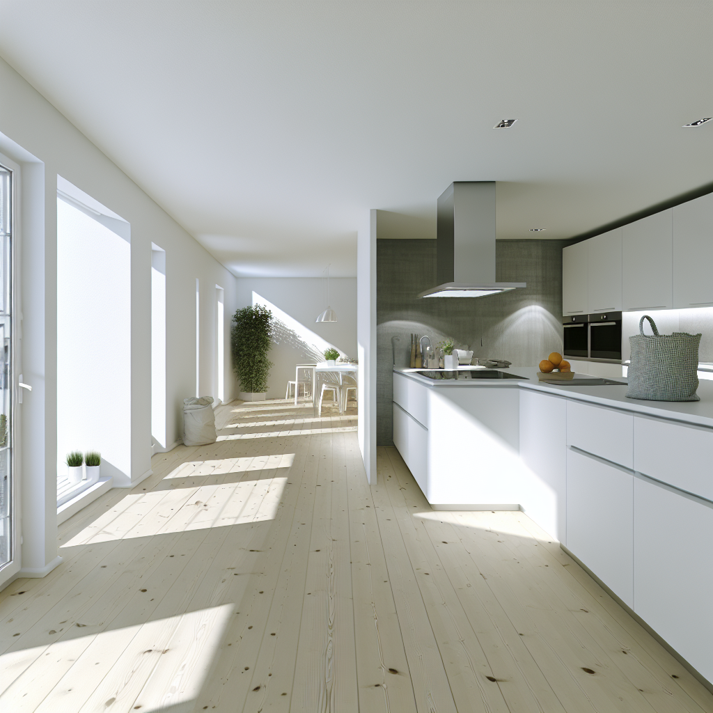 Helle, moderne Küche mit klaren Linien und viel Tageslicht, ideal für die Entrümpelung durch Mr. Eddy. Professionelle Haushaltsreinigung und Müllentsorgung.