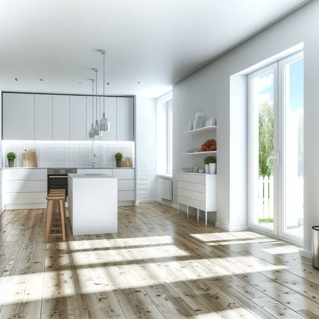 Helle, moderne Küche mit gepflegtem Holzfußboden, ideal für die Entrümpelung durch Mr. Eddy. Professionelle Reinigung und Müllentsorgung.