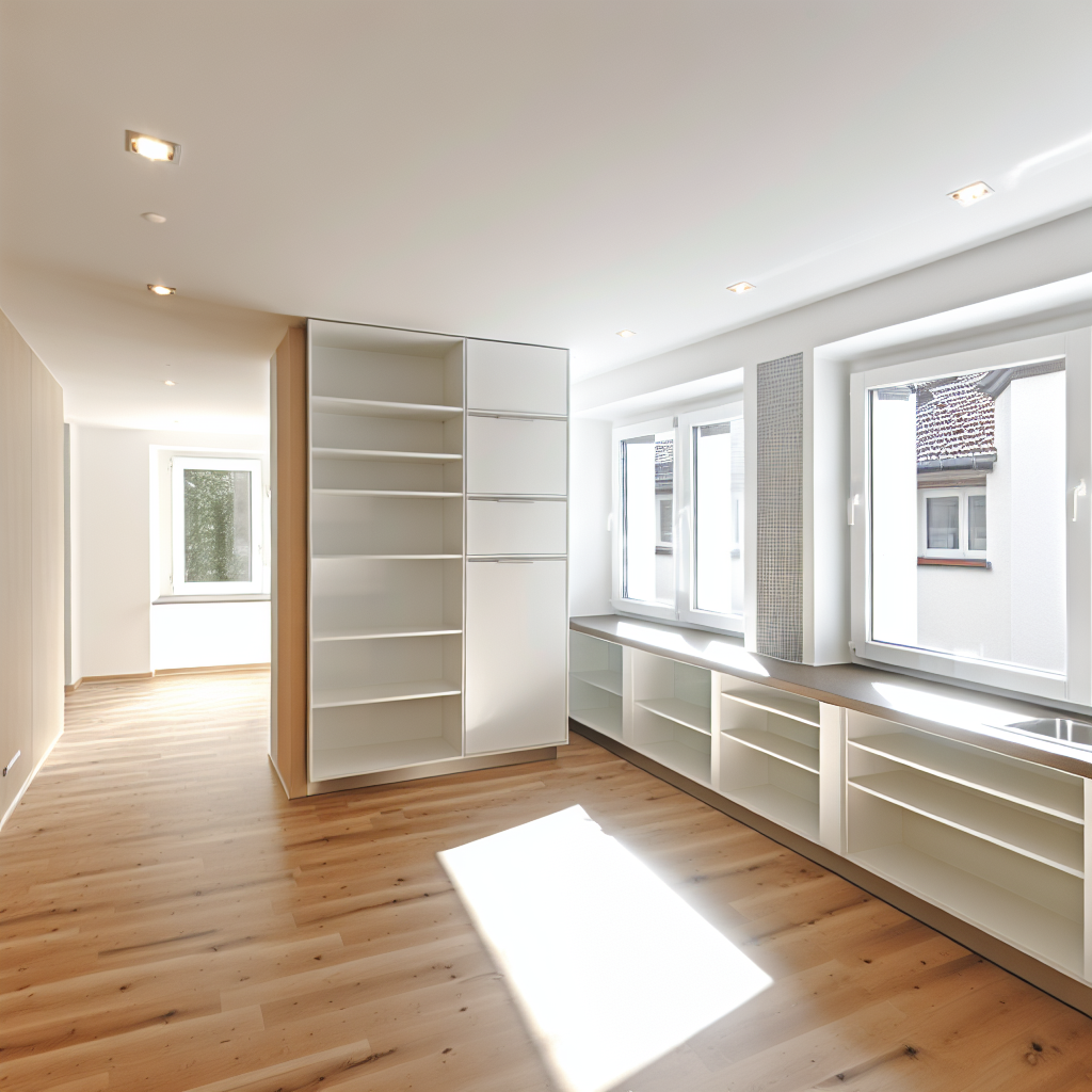 Helle, aufgeräumte Räume mit leeren Regalen zeigen die professionelle Entrümpelung durch Mr. Eddy. Ideal für Hausräumungen.